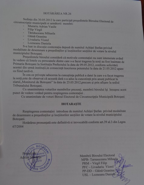 hotarire a biroului electoral de cirscumscriptie