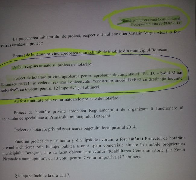 minuta prin care HCL privind constructia blocului de pe Bulevard a fost respinsa